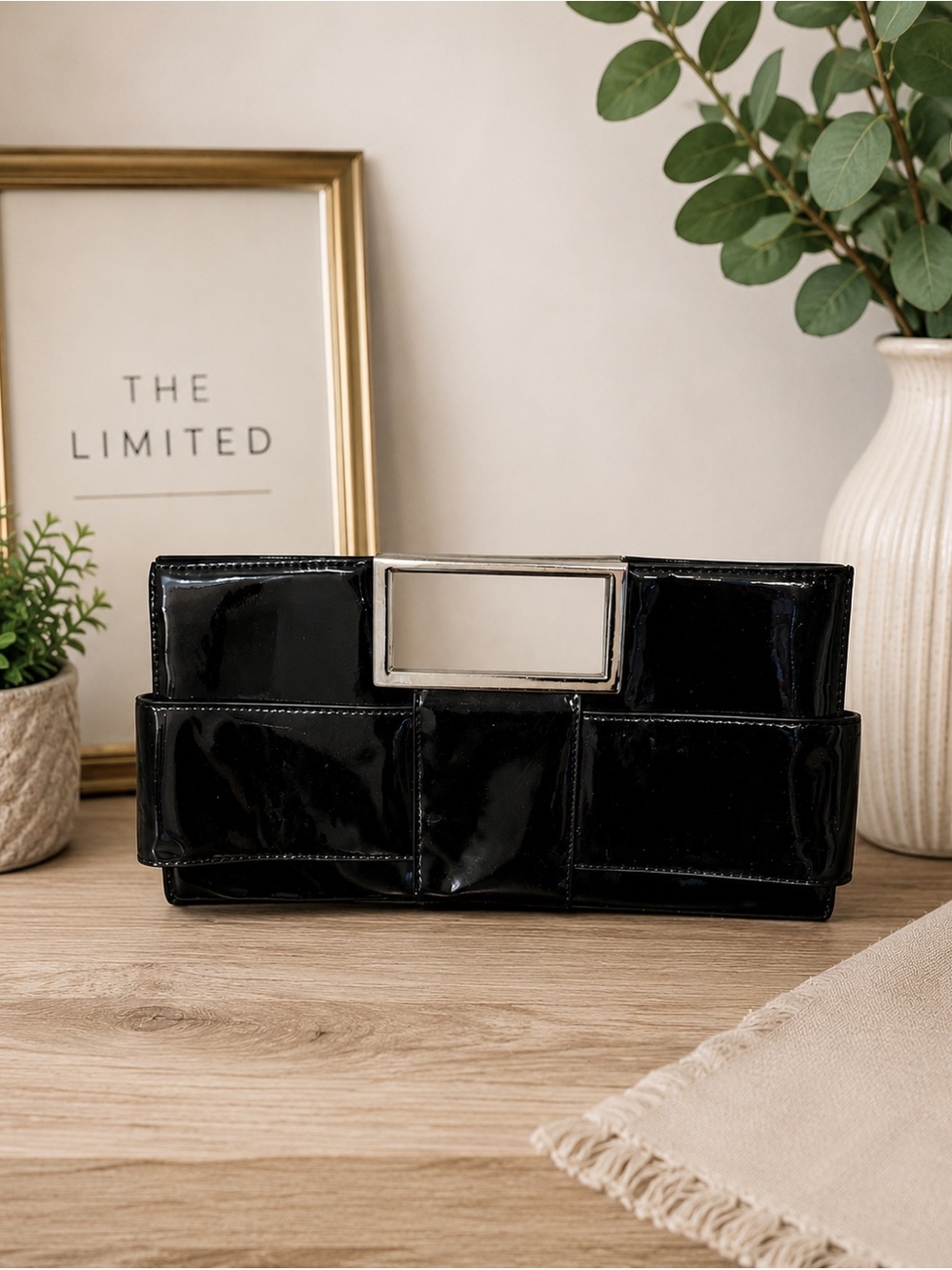 🖤 The Limited Black Patent Leather Clutch | Gold Accent Statement Purse